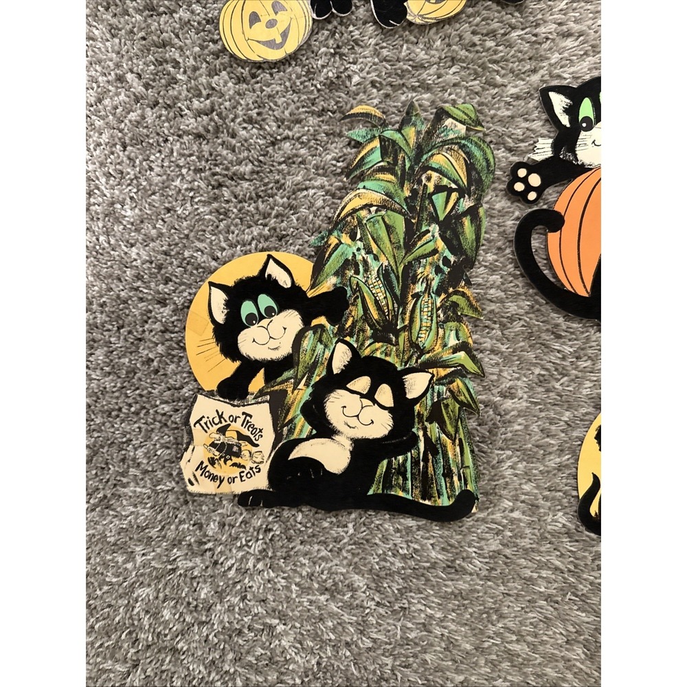 Vintage Die Cut Felt Halloween Decor Green Eyed Black Cat Lot Of 7 - Picture 4 of 11